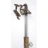 A Victorian 1845-pattern sword. The curved pipe-back blade on brass gothic hilt with VR cypher, in