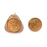 Gold half sovereigns, Edward VII , 1910 and George V, 1913. The George V example mounted in 9ct gold