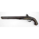 Late 18th century Dragoon flintlock pistol, silver mounted. The 14-inch three-stage barrel on silver