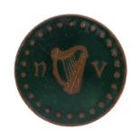 National Volunteers brass and enamel pin. A brass and green enamel circular lapel badge, by P Quinn,