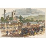 1866 Opening of the Cork and Macroom Railway. A hand-coloured engraving, arrival of the First