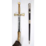 Early 20th century Masonic sword and silver plated mounted baton. A ceremonial short sword by