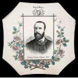 1886 Charles Stewart Parnell commemorative plate. Of octagonal form, the ivory ground centred by a