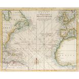 1788 Chart of the Atlantic Ocean by Thomas Bowen. A small hand-coloured, printed chart, A New &