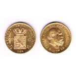 Netherlands. William III gold ten guilders, 1875 Extremely fine