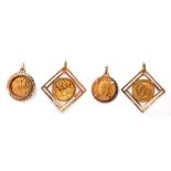 Gold half sovereigns, George V, 1912. Two half sovereigns mounted in 9ct gold pendant mounts.