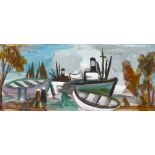 Markey Robinson (1918-1999) SHAWLIES AND BOATS gouache signed lower left 11.50 by 26.50in. (29.2