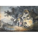 John Henry Campbell (1757-1828) FIGURES BY A COTTAGE AND LAKE watercolour 2.75 by 4in. (7 by 10.2cm)