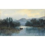 William Percy French (1854-1920) BOAT ON A LAKE WITH MOUNTAINS IN THE DISTANCE watercolour signed