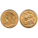 Victoria gold sovereign, 1896 and half sovereign, 1885 Old head, and young head shield reverse,