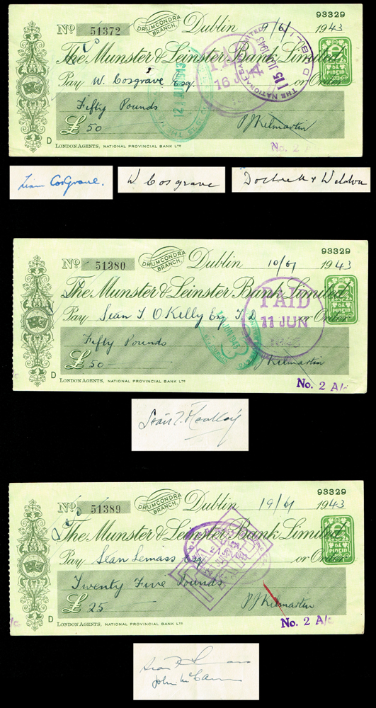 1943 Munster and Leinster Bank cheques to Irish politicians from Ireland's biggest bookmaker, PJ