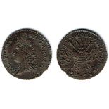 James II "Gunmoney" shilling (small), 1690 June. Weakly struck, extremely fine.