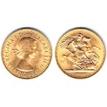 Elizabeth II gold sovereign, 1959. About extremely fine.