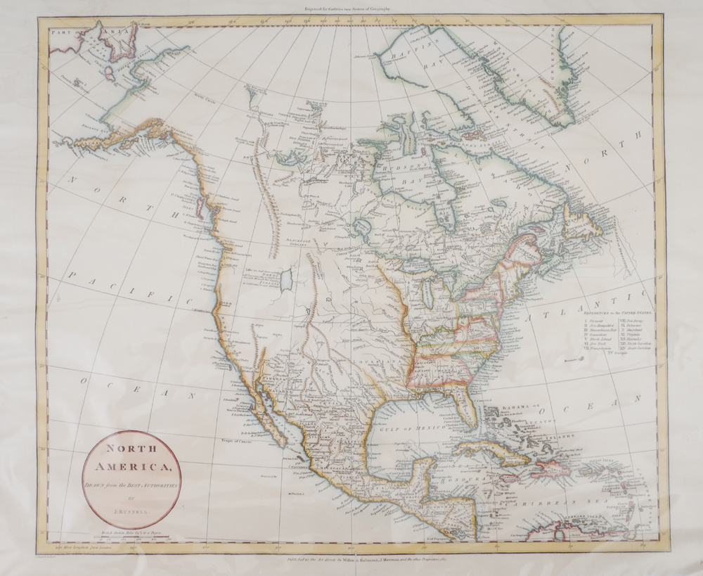 1811 Map of North America by John Russell. A hand-coloured, engraved maps, North America, drawn from