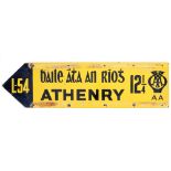 Mid 20th century, Automobile Association yellow enamel finger road sign for Athenry, Co. Galway. A
