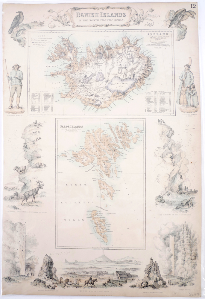 Circa 1865. Maps of the Danish Islands in the North Atlantic Ocean. Hand-coloured engraved maps