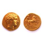 Ancient Greece. Macedonia, Philip II, 359-336 BC, gold stater. Laureate head of apollo. Reverse: