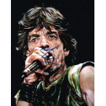 Rolling Stones, signed caricature of Mick Jagger. A colour lithograph of Mick Jagger singing on