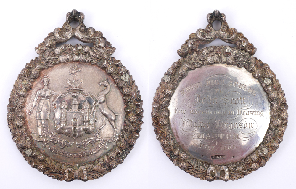 1817 and 1861 Scottish silver school medals and others. 1817 silver medal for Mr Thomson's English
