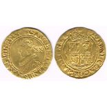 England. Charles I gold Unite XX, mint mark anchor, filled hole at 12 o'clock, good fine