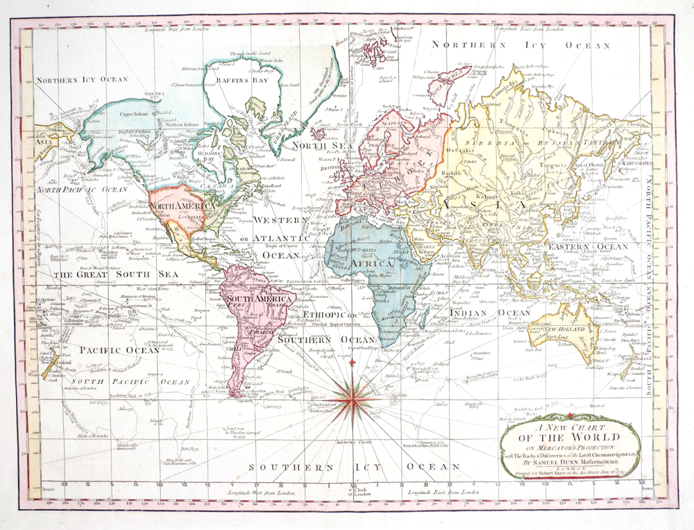 1789 Chart of the World, by Samuel Dunn. A hand-coloured, engraved chart, 'on Mercator's