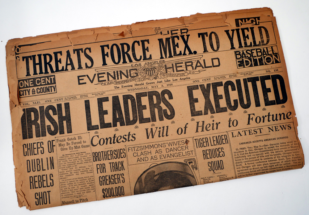 1916, May 3, Los Angeles Evening Herald newspaper with banner 'IRISH LEADERS EXECUTED'. Together
