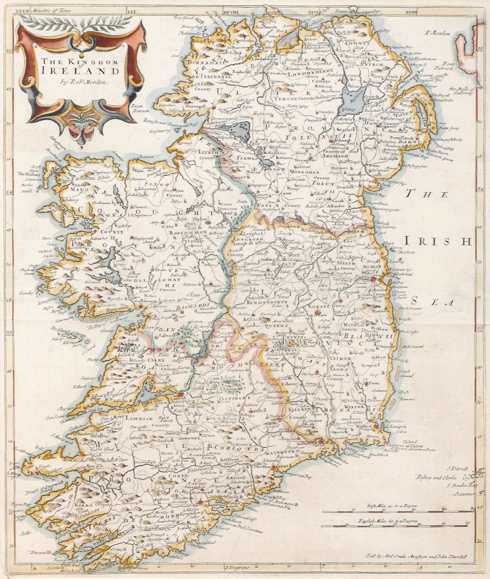 1722 The Kingdom of Ireland, by Robert Morden. A hand coloured engraved map, this edition with Newry