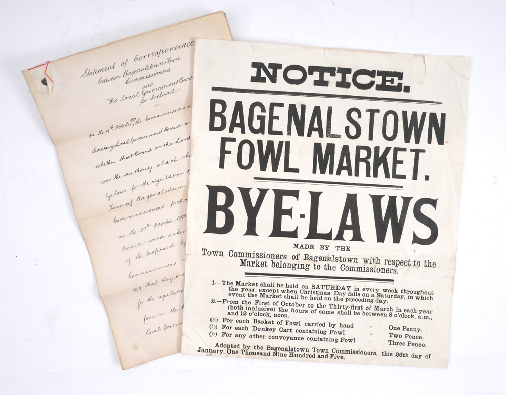 1899-1905 Bagnelstown Fowl Market Letterpress notice of the 1905 bye-laws with respect to the fowl