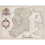 17th Century map of Ireland by Blaeu. A hand-coloured, engraved map, Hiberno Regnum vulgo Ireland.