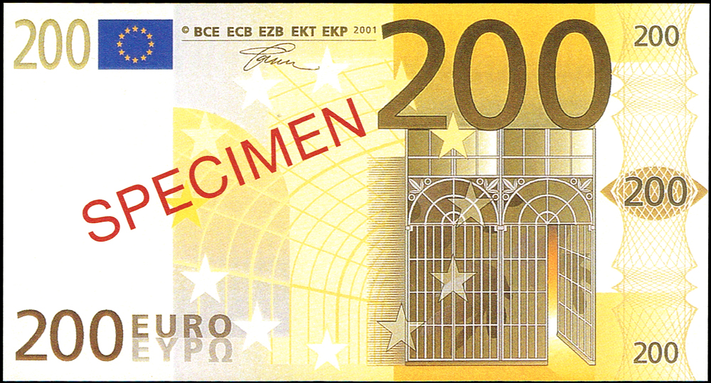 Euro set of SPECIMEN facsimiles Five Euro to Five Hundred Euro. Five, Ten, Twenty, Fifty, One