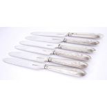 Set of six Victorian Irish silver bladed dessert knives, by James Fray. The spear-shaped silver