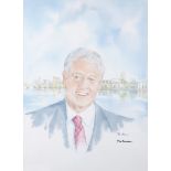 Bill Clinton by Barbara Hartigan, watercolour portrait signed by the artist and sitter. A smiling