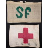 Sinn Fein armband and IVAS armband. A cream linen armband, with green letters, 'S F' glued and