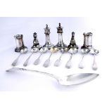 Georgian silver spoons and a double set of silver plated cruets in the form of chessmen. A George