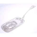 A George III Irish silver fiddle-pattern fish-slice by William Whitford. The rectangular blade