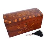 Victorian inlaid yew-wood Killarney ware box. An arch top marquetry-inlaid box the lid inlaid with a