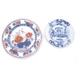 A Georgian Irish Donovan-decorated dinner plate and a delft-ware side plate. The Donovan plate