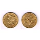 USA. Gold five dollars, 1905, and two forgeries of gold dollar, 1853. Five dollars good very fine,