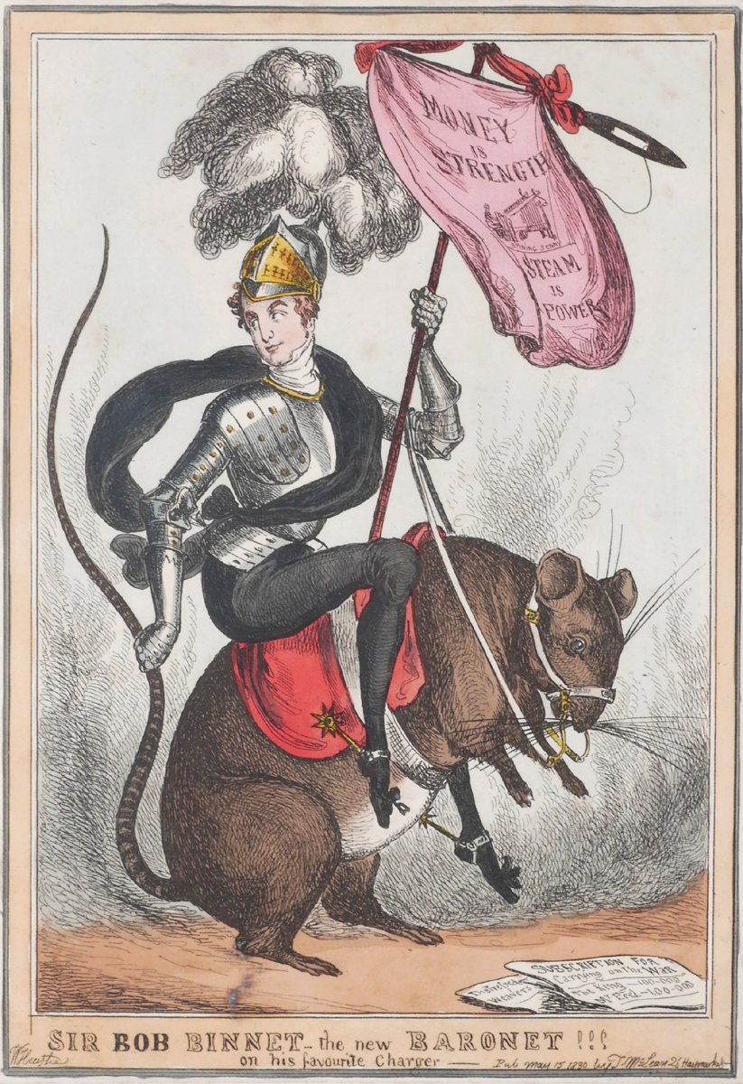 1830 (May 15) Sir Bob Binnett the new Baronet on his favourite charger. A hand-coloured engraving of