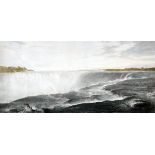 1875 Niagara Falls engraving. A hand-coloured engraved panoramic view of the falls from above, by