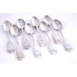 A set of eight Victorian Irish silver fiddle-pattern, rattail teaspoons, by James Le Bas. Dublin,