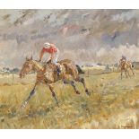 Basil Blackshaw HRHA RUA (1932-2016) STRIDING TO THE FINISH, POINT TO POINT oil on canvas signed