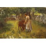 Walter Frederick Osborne RHA ROI (1859-1903) GIRL FEEDING CALVES oil on canvas laid on board 9.50 by