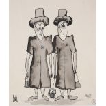 John Schwatschke (b.1943) DEUX DAMES, EATON PLACE, LONDON,1968 ink on paper, signed lower left;