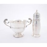 George V silver bowl and sugar caster. A two-handled circular bowl, the handles surmounted by lion