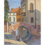 Hilda van Stockum HRHA (1908-2006) CANAL SCENE oil on board, signed with initials lower right, 16 by