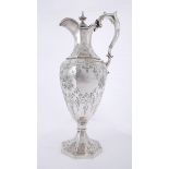 Victorian claret jug, by Elkington, engraved with Higginson crest. The silver plated jug of