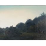 James English RHA (b.1946) CAMPSITE WITH HORSES, 1978 oil on board, signed and dated lower right, 18