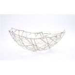 Contemporary hammered silver basket, by Angie Young. An open-work, circular basket, composed of