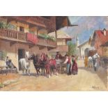 August Hermann Knoop German (1856-1919) STREET SCENE oil on panel, signed lower right, 3.50 by